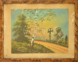 Jelzés nélkül: Feszület az út szélén. Akvarell, papír, Üvegezett keretben 25x33 cm