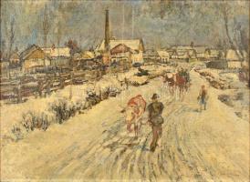 Csallóközi Farkas Lőrinc (1898-1966): Téli falu határ. Olaj, vászon, farostra kasírozva, jelzett. Kissé sérült fa keretben, 50×67,5 cm