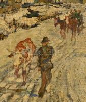 Csallóközi Farkas Lőrinc (1898-1966): Téli falu határ. Olaj, vászon, farostra kasírozva, jelzett. Ki...