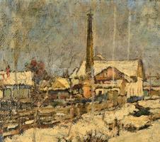 Csallóközi Farkas Lőrinc (1898-1966): Téli falu határ. Olaj, vászon, farostra kasírozva, jelzett. Ki...