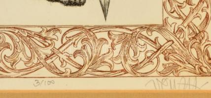 Vén Zoltán (1941-): Leo. Színezett rézkarc, papír, jelzett, üvegezett keretben, 17×14 cm