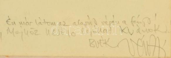 Vén Zoltán (1941-): Én már látom. Színezett rézkarc, papír, jelzett, üvegezett keretben, 15×9 cm