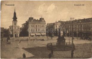 1921 Temesvár, Timisoara; Kossuth tér, Csendes és Fischer üzlete, villamos, Takarékpénztár / square, shops, tram, savings bank