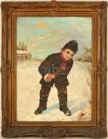 Pernye (Peske Géza?)  jelzéssel: Fiú hógolyóval. Olaj, vászon, keretben, 70×50 cm