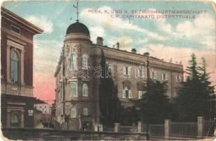 Pola, Pula; K.u.K. Bezirkshauptmannschaft / kerületi hivatal / municipal district office. C. Fano 1916-17. No. 38. + "K.u.K. Ausrüstungsdirektion" (kopott sarkak / worn corners)