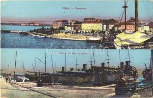 1914 Pola, Pula; Panorama, Navi in riserva / látkép, Osztrák-Magyar Haditengerészeti kikötő, hadihajók / general view, Austro-Hungarian Navy port, K.u.K. Kriegsmarine battleships + "K.u.K. Matrosen Corps Rekruten Schule" (EK)