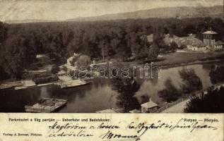 Pöstyén, Piestany; Park részlet a Vág partján, komp. A. Bernas kiadása / Vah riverside, ferry