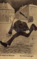 Es kommt die Patrouille / Ora viene la pattuglia / K.u.K. Kriegsmarine Matrose / Austro-Hungarian Navy mariner humour art postcard. G. Fano, Pola 1908 s: Dworak (?)