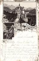 1898 Schwangau, Neuschwanstein Schloss, Marienbrücke und Pöllentfall / bridge, castle, floral, litho