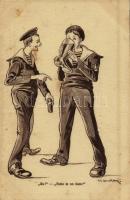 Ex! Tutto in un fiato! / K.u.K. Kriegsmarine Matrose / Austro-Hungarian Navy mariner humour art postcard. G. Fano, Pola 1910-11. s: Ed. Dworak