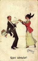 1921 Újévi üdvözlet! / New Year greeting, woman with champagne, humour. B.K.W.I. 3138-4. s: Schönpflug (EB)