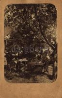 1916 Lugos, Lugoj; családi csoportkép a kertben katonával / family group photo in the garden with soldier. glued photo (crease)