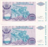 Horvátország / Krajna Szerb Köztársaság 1994. 1.000.000D (2x) mindkettő látványosan eltolódott sorsz...