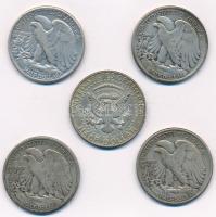 Amerikai Egyesült Államok 1941-1964. 1/2$ Ag (5xklf) T:2-3 patina 
USA 1941-1964. 1/2 Dollar Ag (5x...