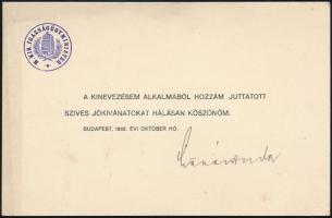 1932 Lázár Andor igazságügyminiszter aláírása köszönő kártyán