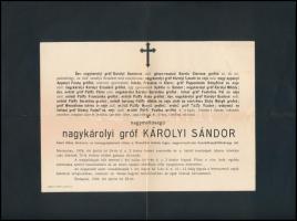 1906 gr. Károlyi Sándor volt huszárfőhadnagy halotti értesítője postán elküldve
