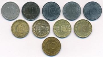 Németország 1900-1977.  10pf (10db, 9xklf) T:2 Germany 1900-1977. 10 Pfennig (10pcs, 9xdiff) C:XF