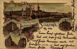 1897 Szeged, Városi színház, Széchenyi tér, Híd utca, Kálvária, Széképület, Városháza. Art Nouveau, floral, litho (Rb)