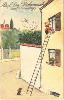 1932 Herzlichen Glückwunsch zum Namenstage / name day greeting card, child, ladder, dog, L&P 2462/IV. litho