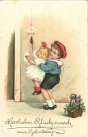 1920 Herzlichen Glückwunsch zum Geburtstag / birthday greeting card, children, flowers, No. 915. litho