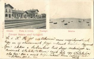 1900 Balatonszentgyörgy, Vasútállomás, Posta és távirda, Balaton, csónakok. Weisz és Dreykurs kiadása