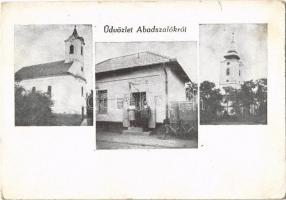 1948 Abádszalók, templomok, Károlyi Kálmán dohányáruda üzlete és saját kiadása (fa)