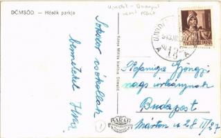 1943 Dömsöd, Hősök parkja. Kónya Miklós kiadása + "ÚJVIDÉK - BUDAPEST 18 A" vasúti mozgópo...