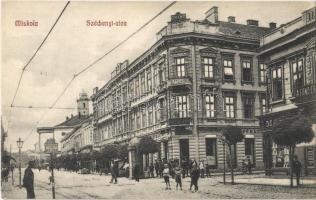 Miskolc, Széchenyi utca, Grand Hotel Kepes Nagyszálloda és kávéház, Fonciere Biztosító fiókja, villamos megállóhely