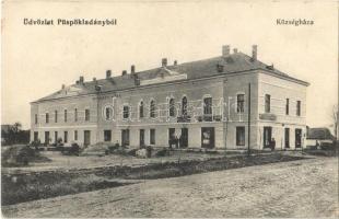 Püspökladány, Községháza, Herskovits Samu üzlete, közműépítései munkák a téren + PÜSPÖKLADÁNY - MISKOLCZ 11. SZ. vasúti mozgóposta bélyegző