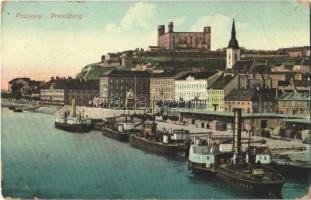Pozsony, Pressburg, Bratislava; rakpart, gőzhajók, vár / port, quay, steamships, castle (EB)