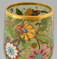 Schreiber J. és unokaöccsei szecessziós fújt talpas pohár, jelzett, kézzel festett, apró kopásnyomok...