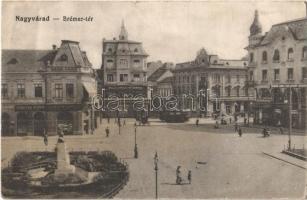 Nagyvárad, Oradea; Brémer tér, Erdős Emil, Dumbera István és Berger Sándor üzlete, villamos / square, shops, tram (kis szakadás / small tear)