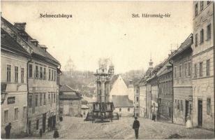 Selmecbánya, Schemnitz, Banská Stiavnica; Szentháromság tér és szobor, Rosenberg üzlete. Grohmann és Kuchta kiadása / Trinity square and statue, shops