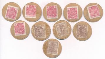 Spanyolország ~1930. 10c (4x) + 15c (6x) bélyeges szükségpénz T:I-  Spain ~1930. 10 Centimos (4x) + 15 Centimos (6x) emergency stamp money C:AU