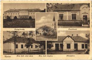Újszász, Parlagi kastély, Posta hivatal, Római katolikus templom és elemi iskola, Községháza (EK)