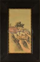 Császár jelzéssel: Gellérthegyi viskók (Tabán). Akvarell-tus, papír, üvegezett keretben, 53×27 cm