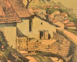 Császár jelzéssel: Gellérthegyi viskók (Tabán). Akvarell-tus, papír, üvegezett keretben, 53×27 cm