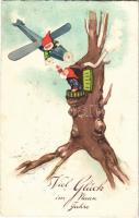 1932 Viel Glück im Neuen Jahre / New Year greeting card, dwarves (dwarf), airplane, EAS 1098. litho (EK)
