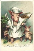 Prosit Neujahr! / New Year greeting card, pigs, clovers, coins, M.B.N. litho (wet corners)
