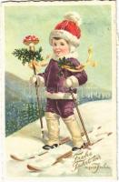 Frohe Fahrt ins Neue Jahr / New Year greeting card, skiing child, mushroom, golden decoration, Erika Nr. 5017. litho