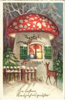 1930 Die besten Neujahrsgrüsse / New Year greeting card, dwarf in a mushroom house, deer, golden decoration, litho