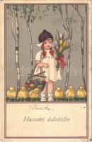 1924 Húsvéti üdvözlet / Easter greeting card, girl with flowers and Easter eggs, chicken, Meissner & Buch Serie 2585. (fa)