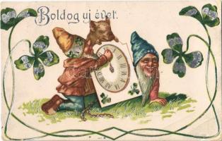 1931 Boldog újévet! / New Year greeting card, dwarves (dwarf), pig, clock, clovers, silver decoration, litho (EK)