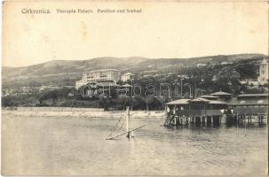 1909 Crikvenica, Cirkvenica; Therapia palace, pavillon und Seebad / palace hotel, pavilion, sea beach
