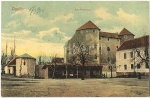 1910 Ogulin, Kula Frankopan / castle, tower + "FIUME - ZÁGRÁB 64. SZ." vasúti mozgóposta bélyegző