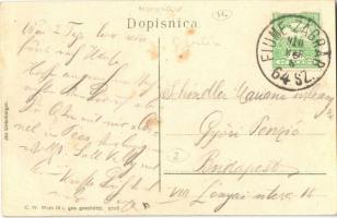 1910 Ogulin, Kula Frankopan / castle, tower + "FIUME - ZÁGRÁB 64. SZ." vasúti mozgóposta b...