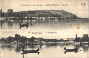 1907 Titel, Duna Gőzhajózási Tásaság ügynöksége, kikötő, Tisza részlet, csónakok, uszályok, gőzhajók. Phot. Oldal / D. D. Schiffahrts-Agentie, Theisspartie / Danube steamship company, port, boats, barges, steamships (fl)