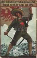 1915 Den tückschen Welschen keinen Zoll, Deutsch bleibt Ihr Berge von Tirol! / German WWI anti-Italian propaganda, Tyrolean militia, flag, Purger & Co. + K. u. k. Art.-Untergruppe Mugheri Batterie No. 1. cancellation (EK)