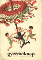 Nemzetközi Gyermeknap 1955. május 29., Kiadja a Magyar Nők Demokratikus Szövetsége / International Childrens Day, children with a maypole, flags, propaganda card s: Szilas Gy. (14,1 cm x 9,9 cm) (kis szakadás / small tear)