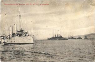 Schlachtschiff-Division mit SMS Lacroma / SMS Lacroma (ex-Tiger) Osztrák-Magyar Monarchia tengerészeti yachtja / Austro-Hungarian Navy, K.u.K. Kriegsmarine admiralty yacht SMS Lacroma (ex-Tiger torpedo cruiser) with battleship division. G. C. Pola 1912. (EB)